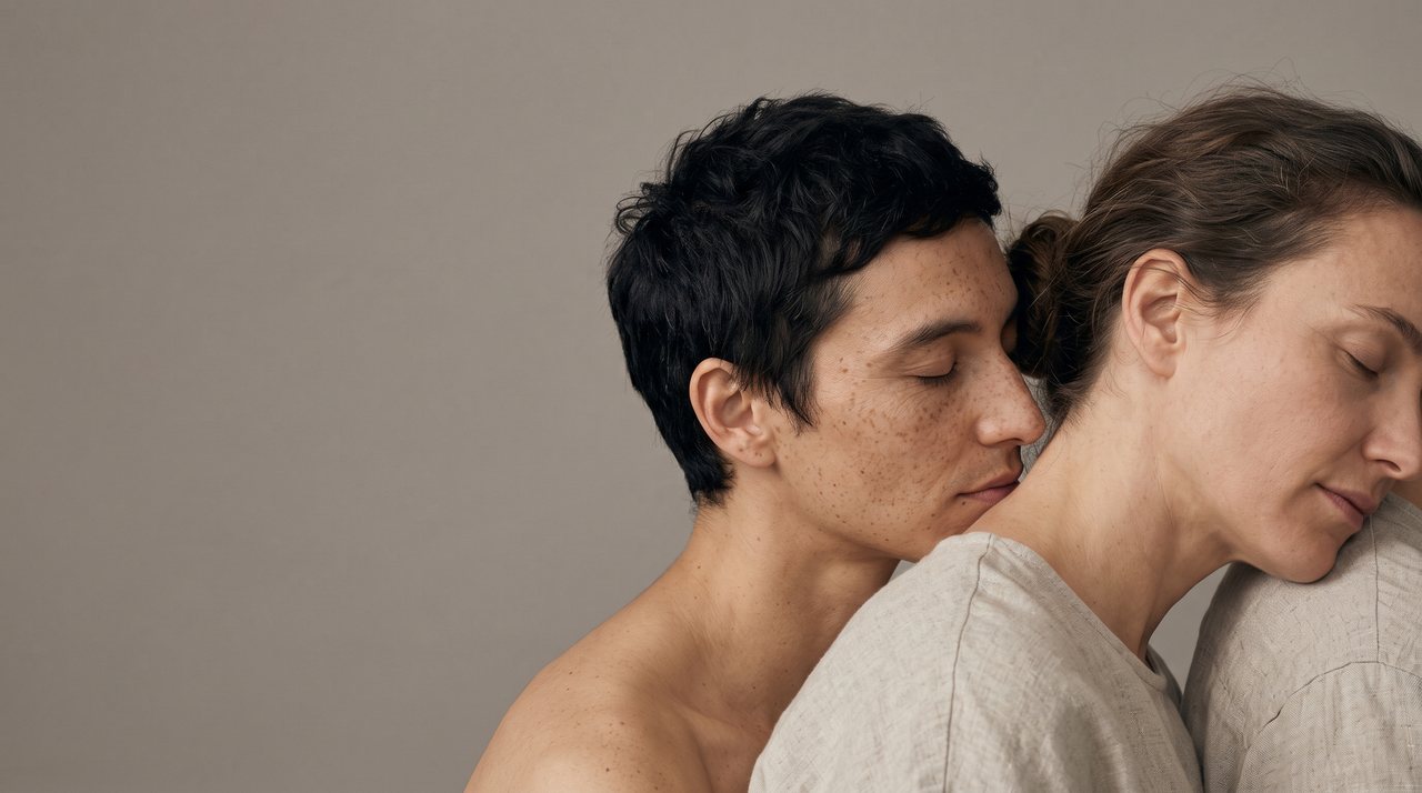Two people resting against one another, eyes closed — editorial portrait