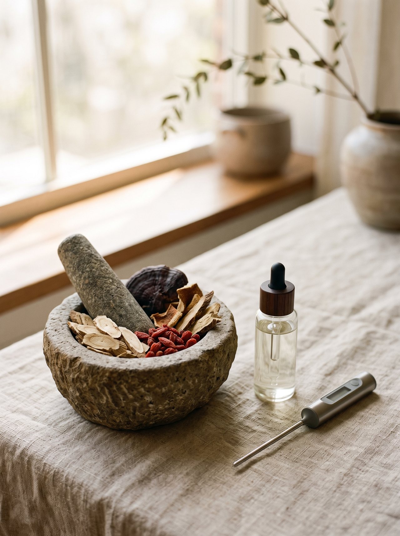 A mortar of dried herbs beside a modern glass vial