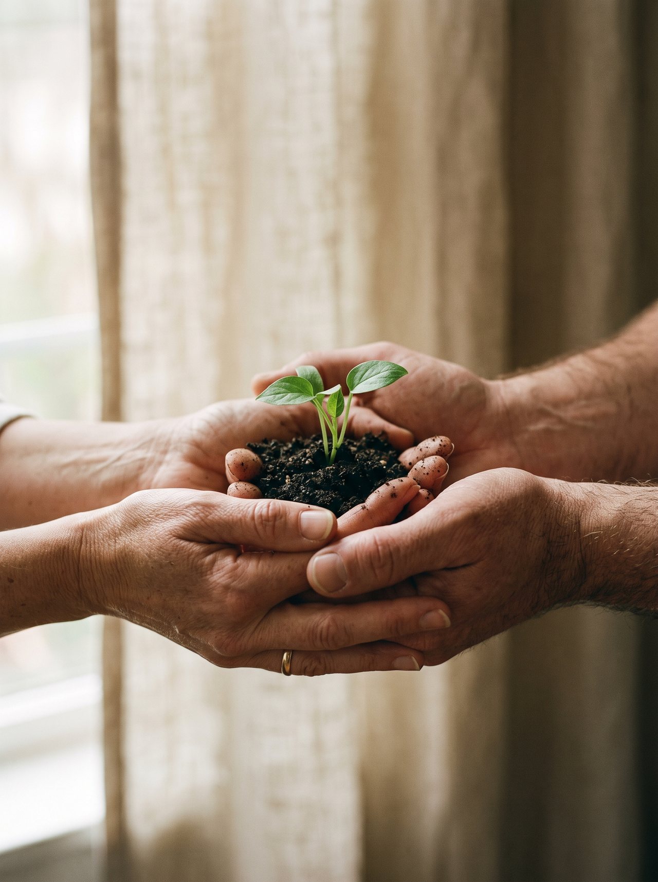 Two hands cradling a young seedling