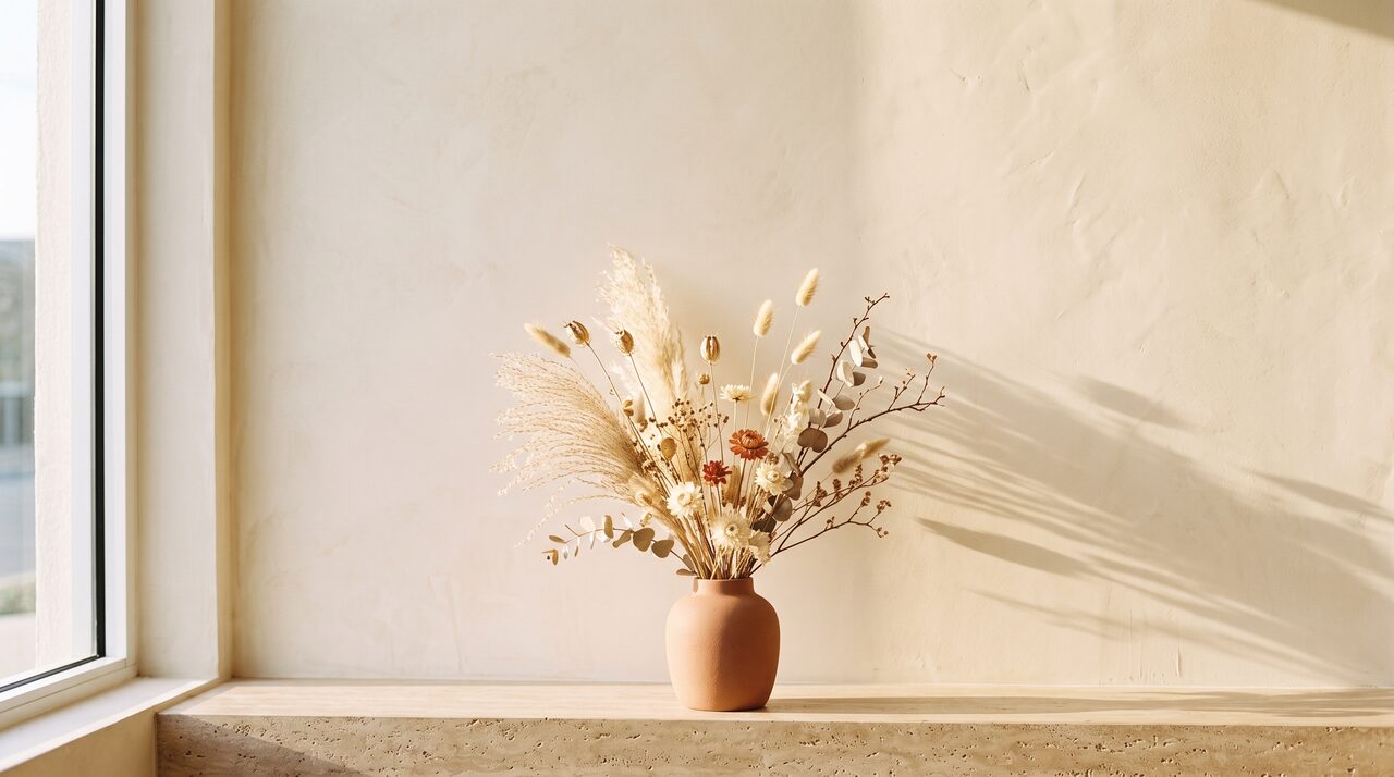 A bouquet of dried flowers bathed in warm light against a cream wall